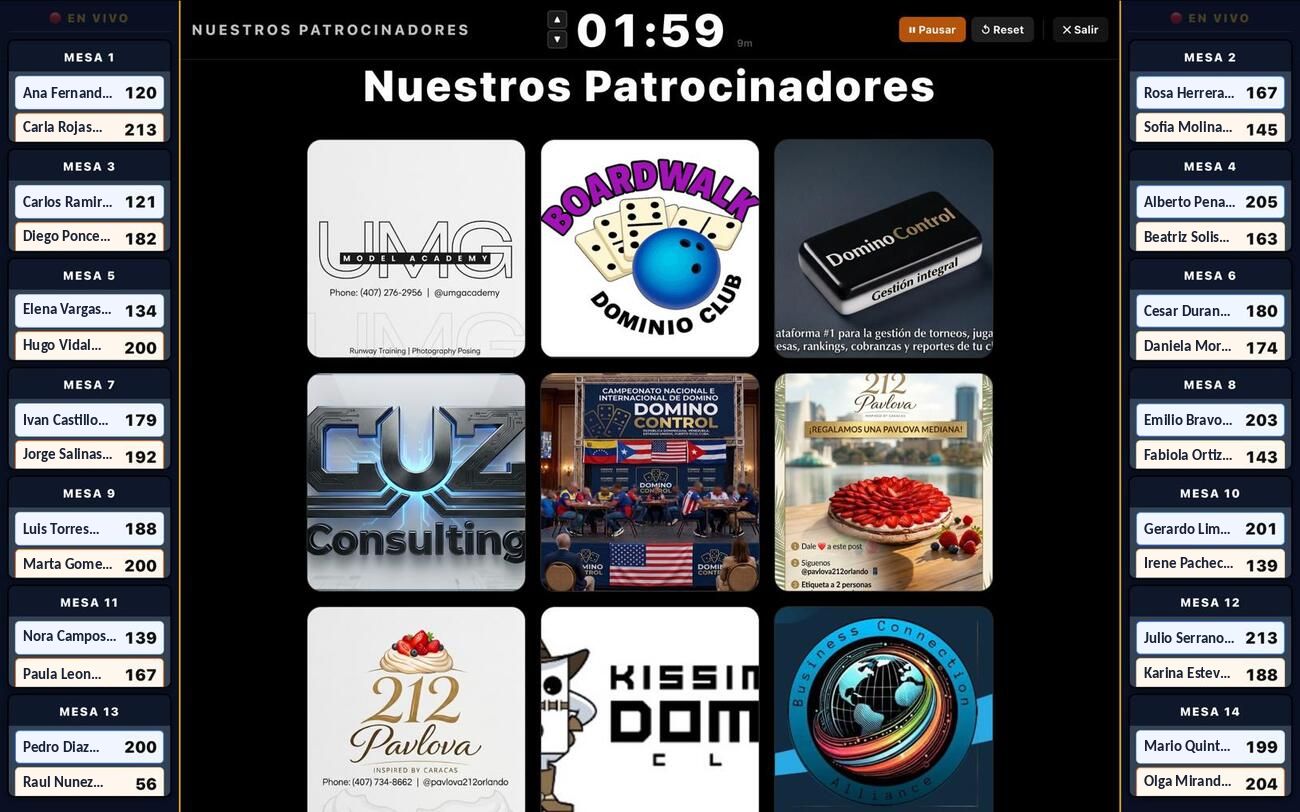 Pantalla del salón con ranking en vivo y patrocinadores